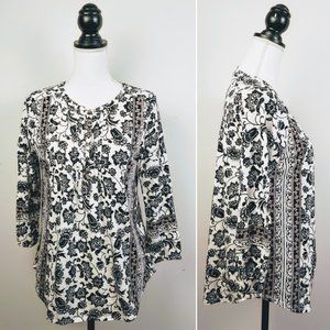 LUCKY BRAND Top, Black White Floral Boho, PS